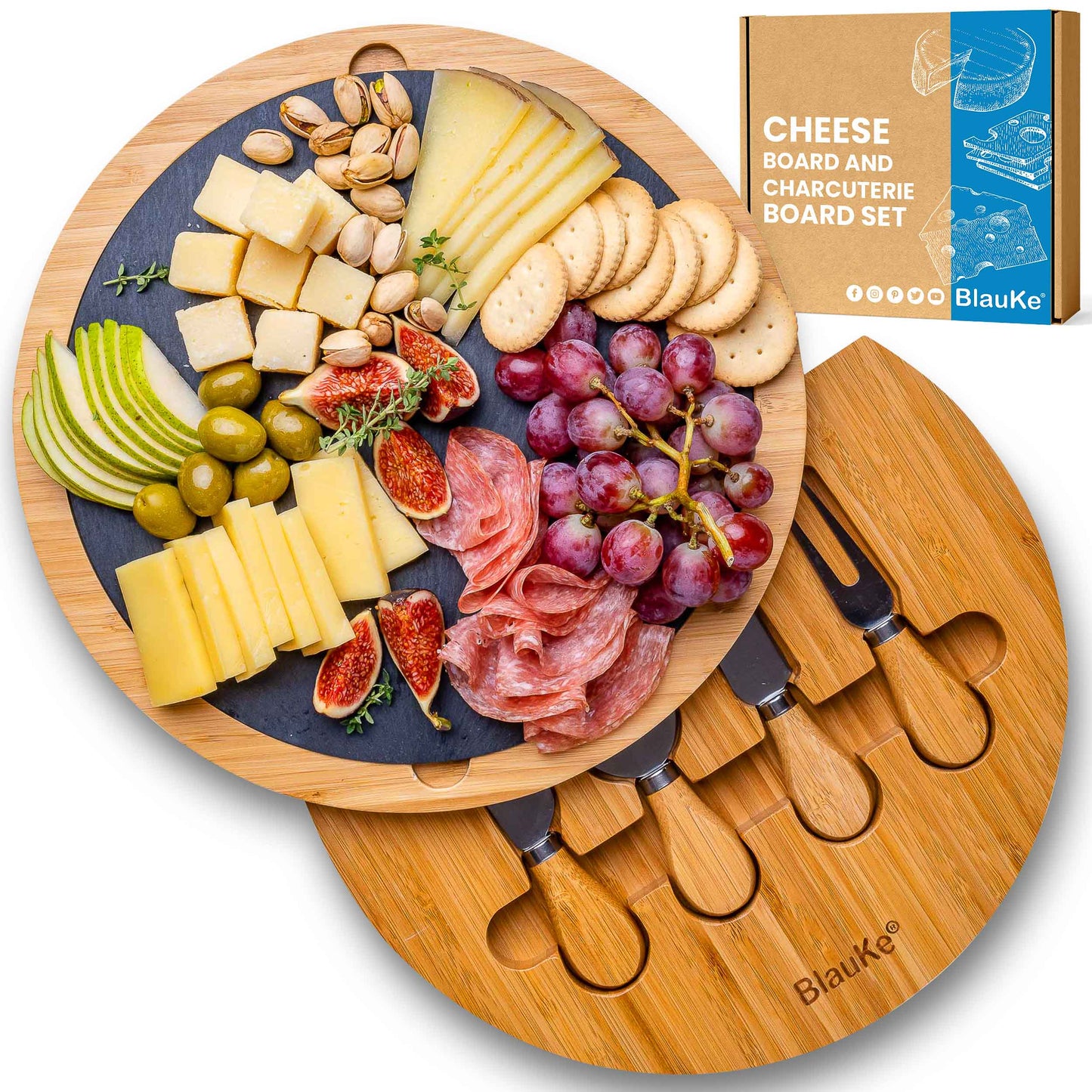 Bamboo round cheese board with slate and knife set - Elegance on your table