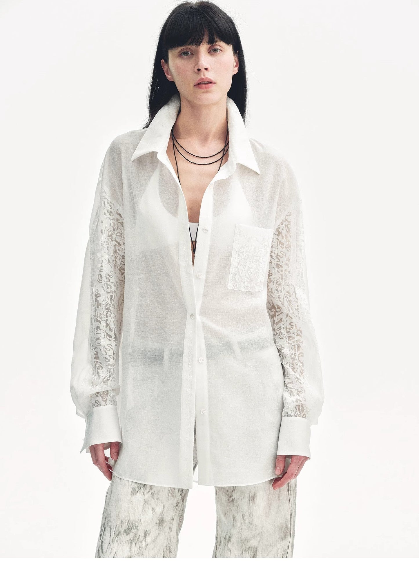 Lightweight straight blouse with double sleeves in jacquard - Fresh elegance