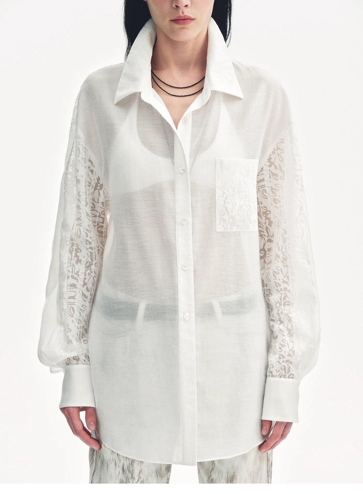 Lightweight straight blouse with double sleeves in jacquard - Fresh elegance