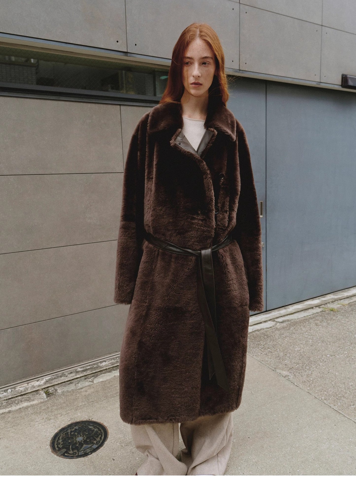 Sheepskin and merino wool long coat - Asymmetric style Mocha Phantom