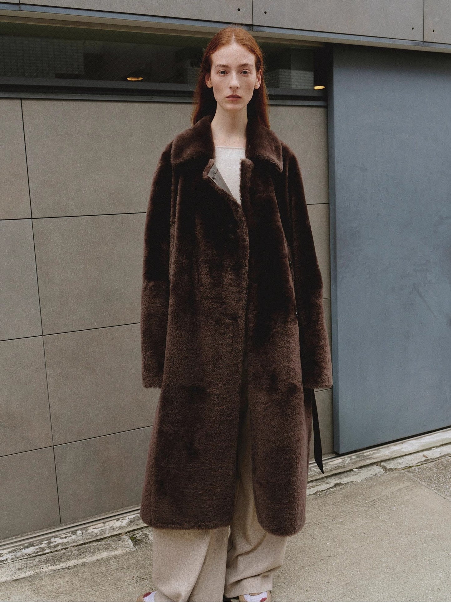 Sheepskin and merino wool long coat - Asymmetric style Mocha Phantom
