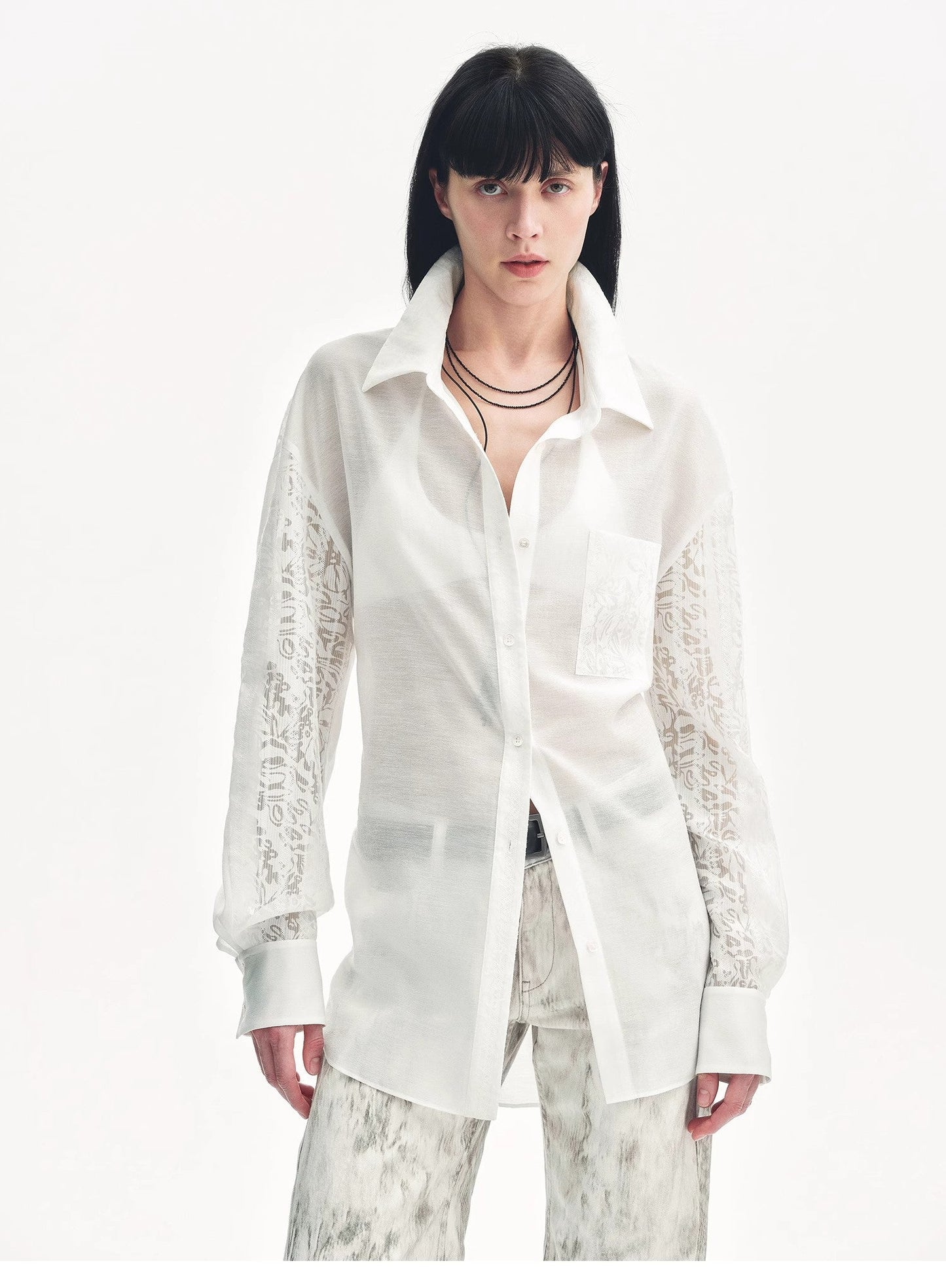 Lightweight straight blouse with double sleeves in jacquard - Fresh elegance