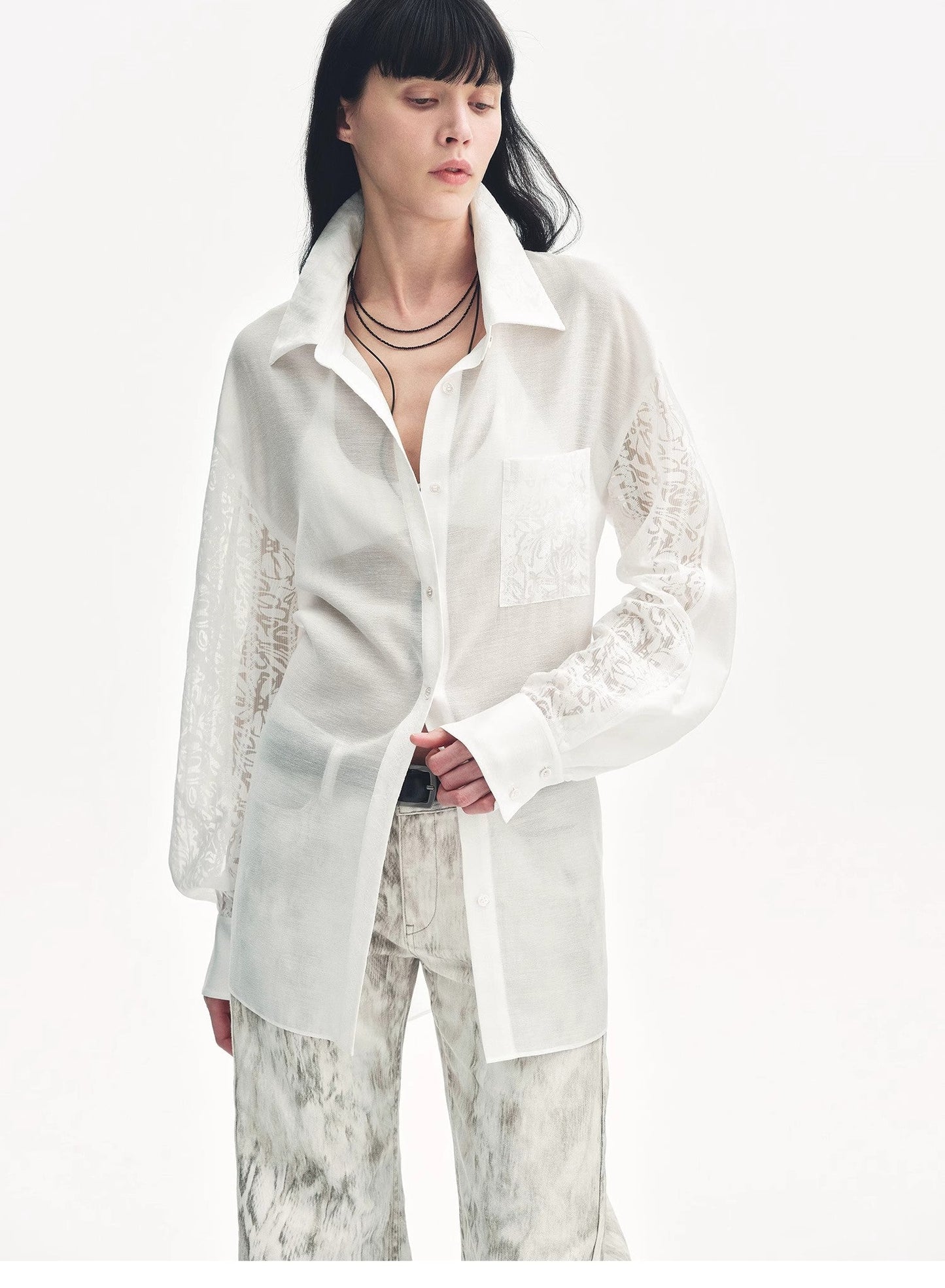 Lightweight straight blouse with double sleeves in jacquard - Fresh elegance