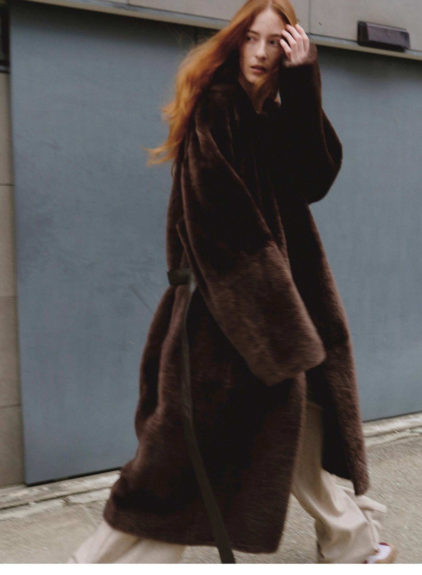 Sheepskin and merino wool long coat - Asymmetric style Mocha Phantom