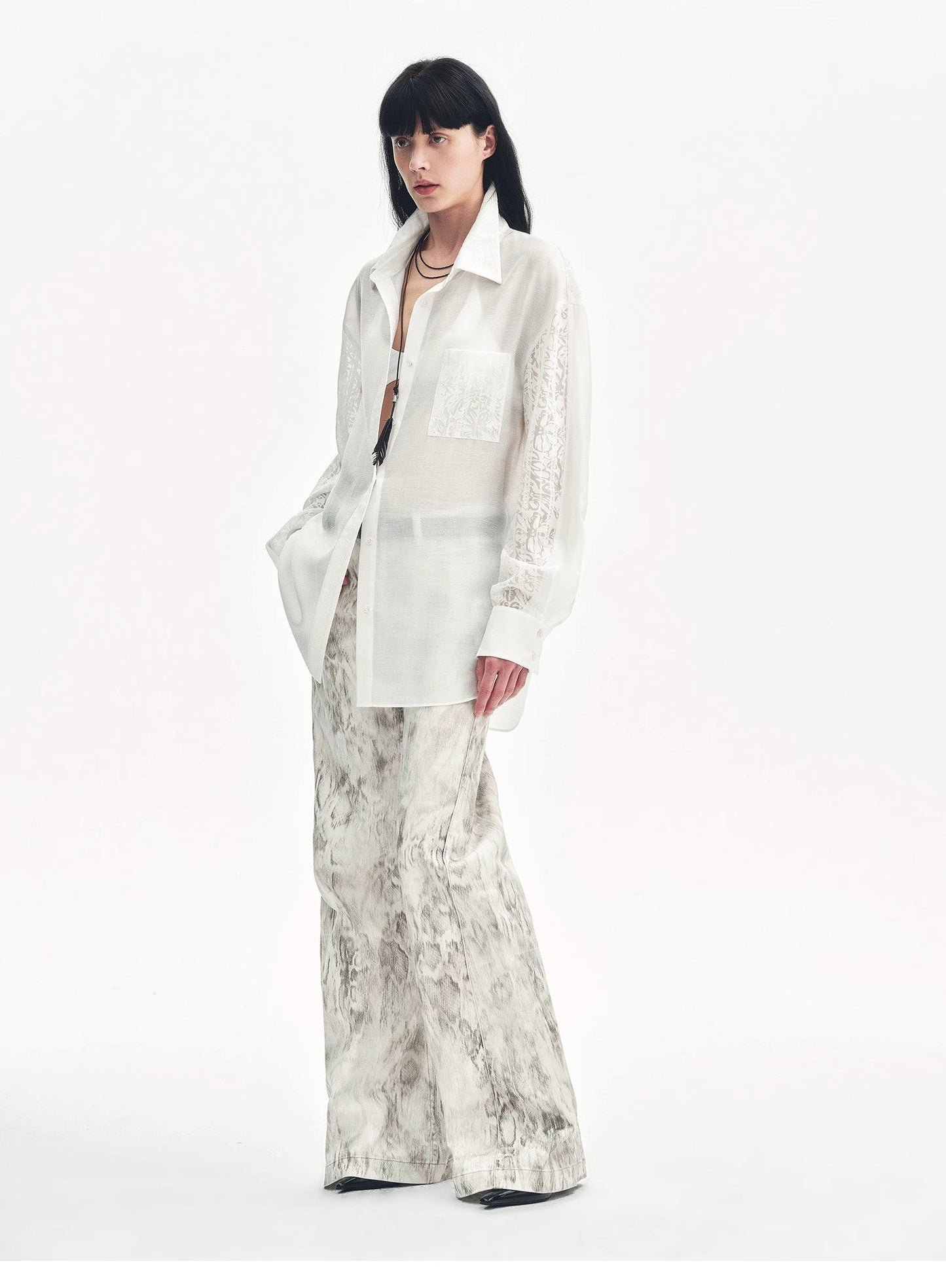 Lightweight straight blouse with double sleeves in jacquard - Fresh elegance