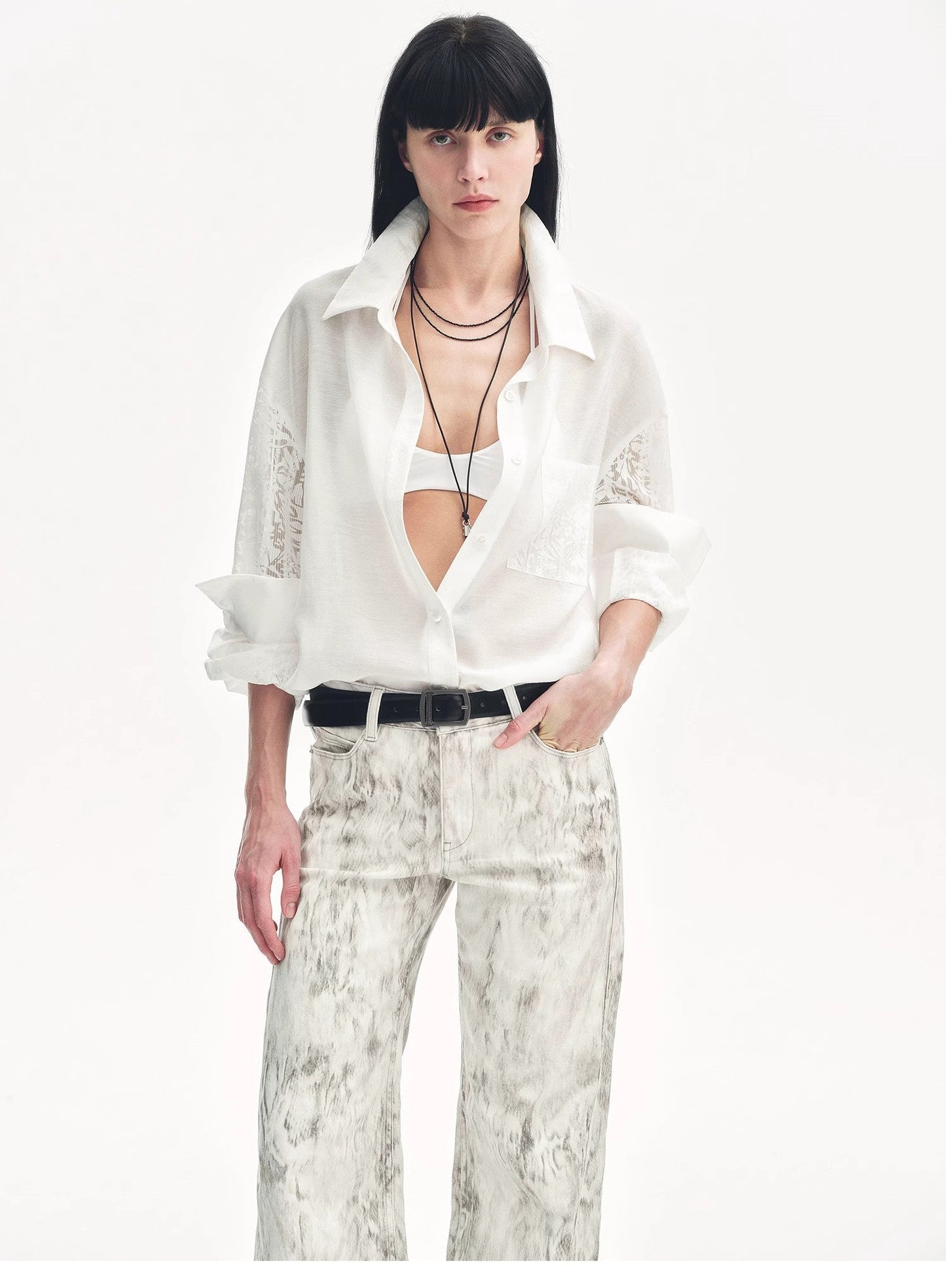Lightweight straight blouse with double sleeves in jacquard - Fresh elegance