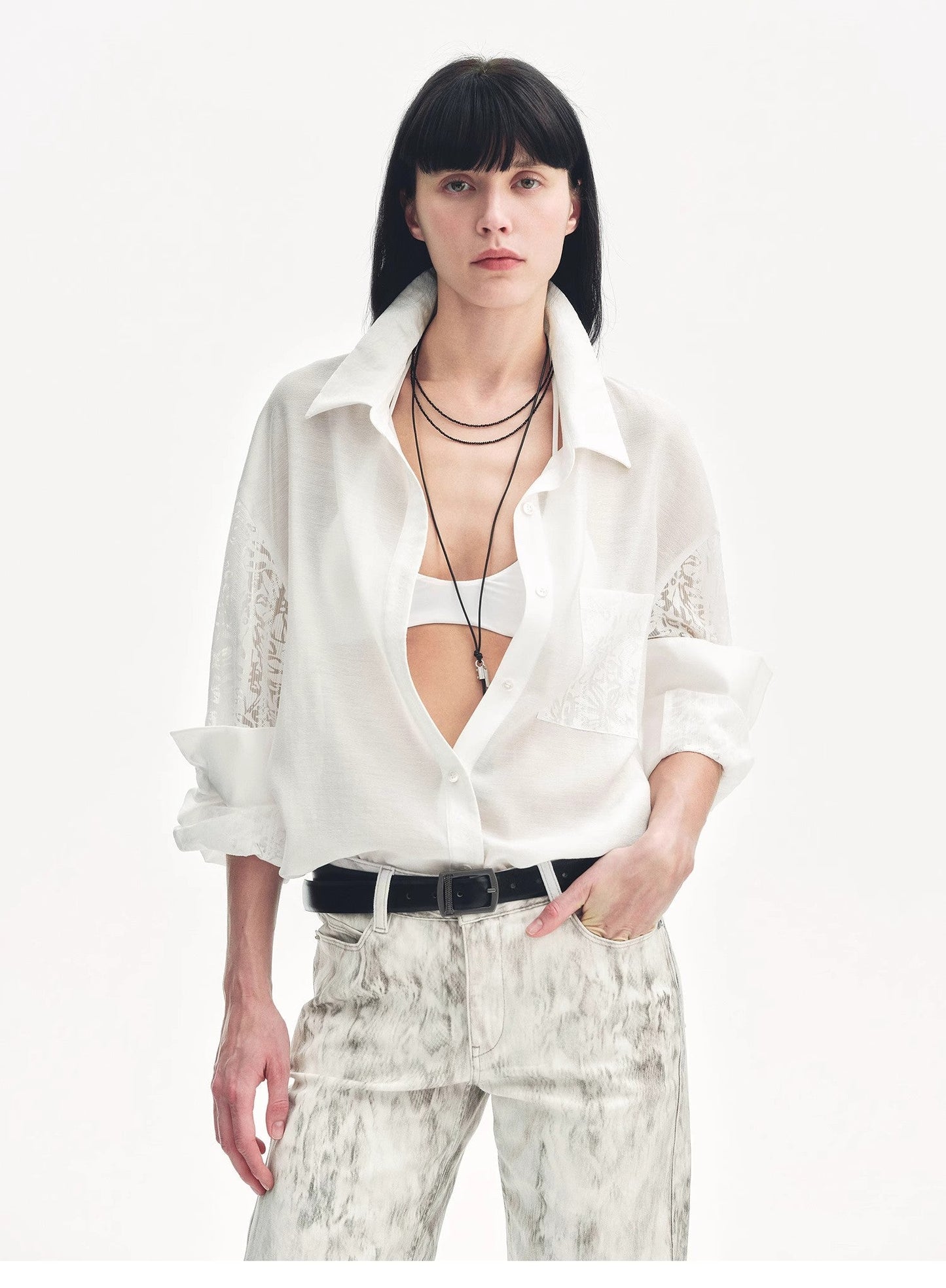 Lightweight straight blouse with double sleeves in jacquard - Fresh elegance