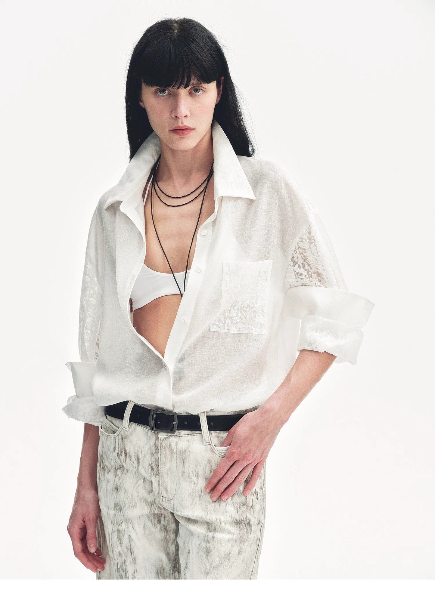 Lightweight straight blouse with double sleeves in jacquard - Fresh elegance