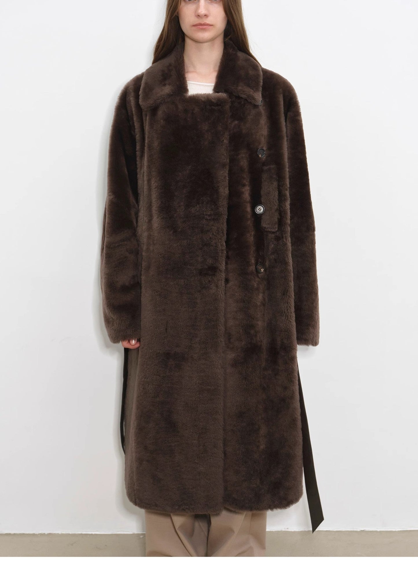 Sheepskin and merino wool long coat - Asymmetric style Mocha Phantom