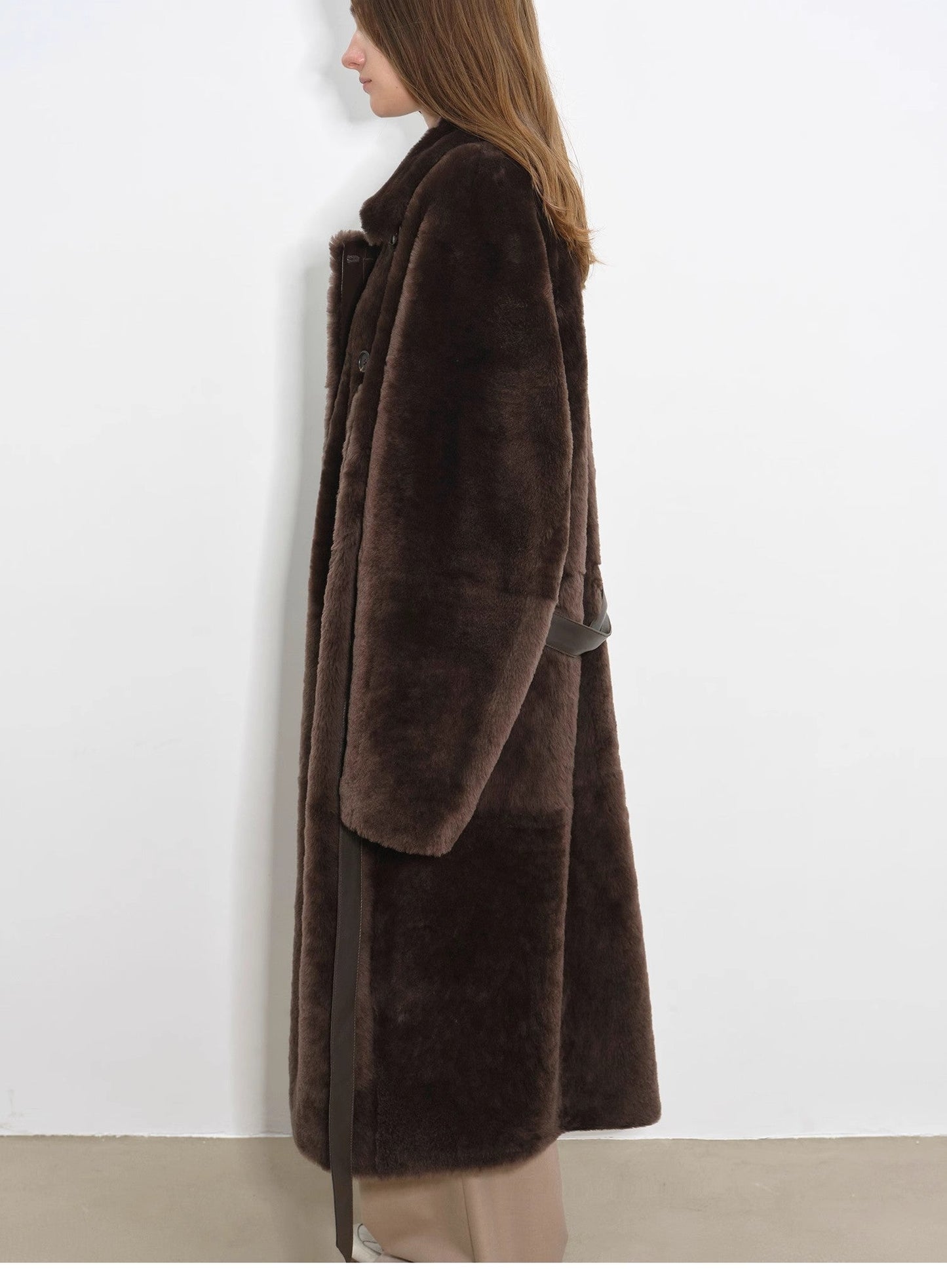 Sheepskin and merino wool long coat - Asymmetric style Mocha Phantom
