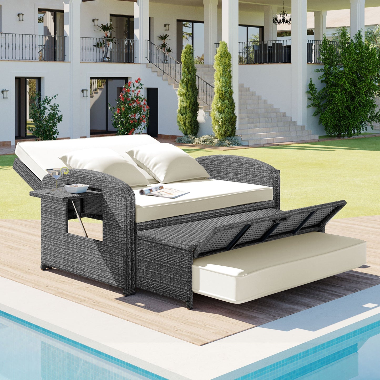 Sofá cama doble de exterior en ratán sintético con cojines premium