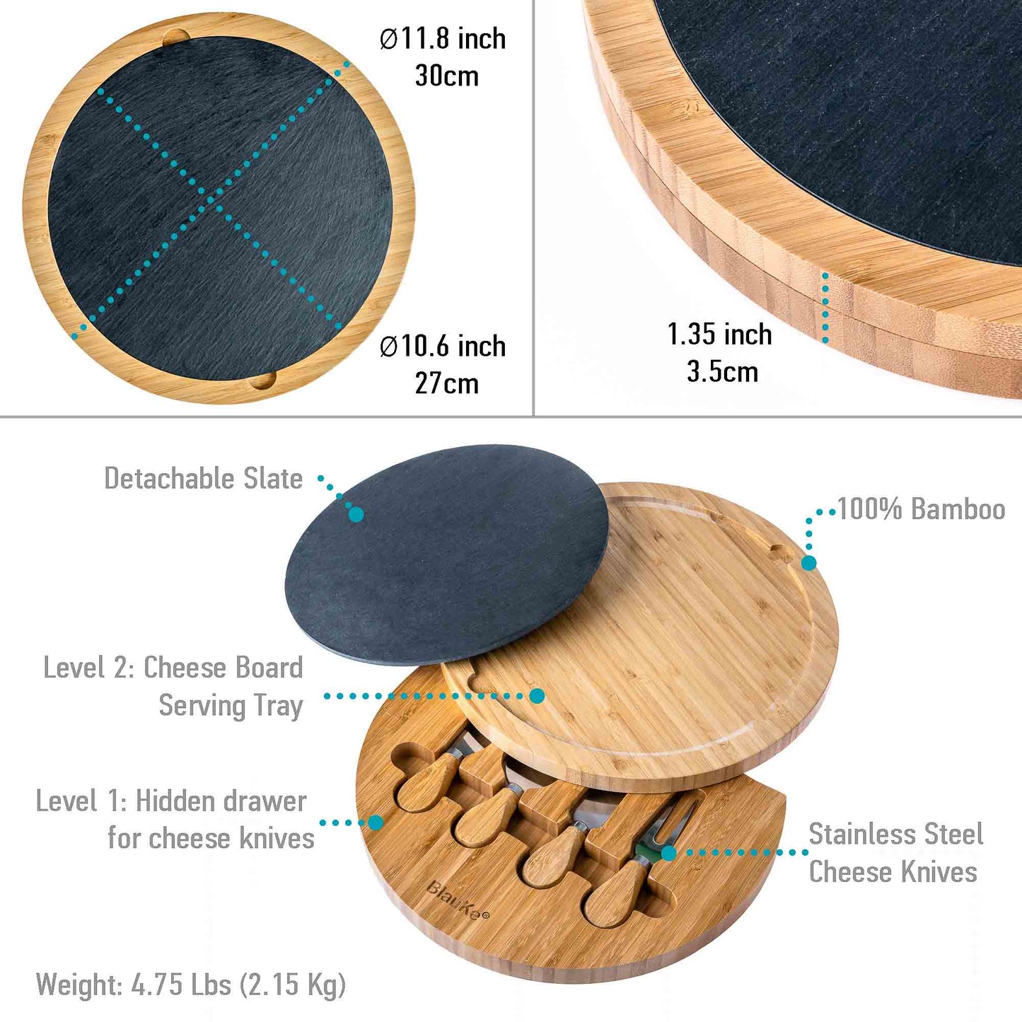 Bamboo round cheese board with slate and knife set - Elegance on your table