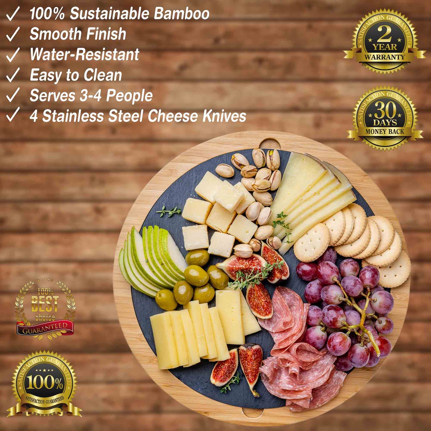 Bamboo round cheese board with slate and knife set - Elegance on your table