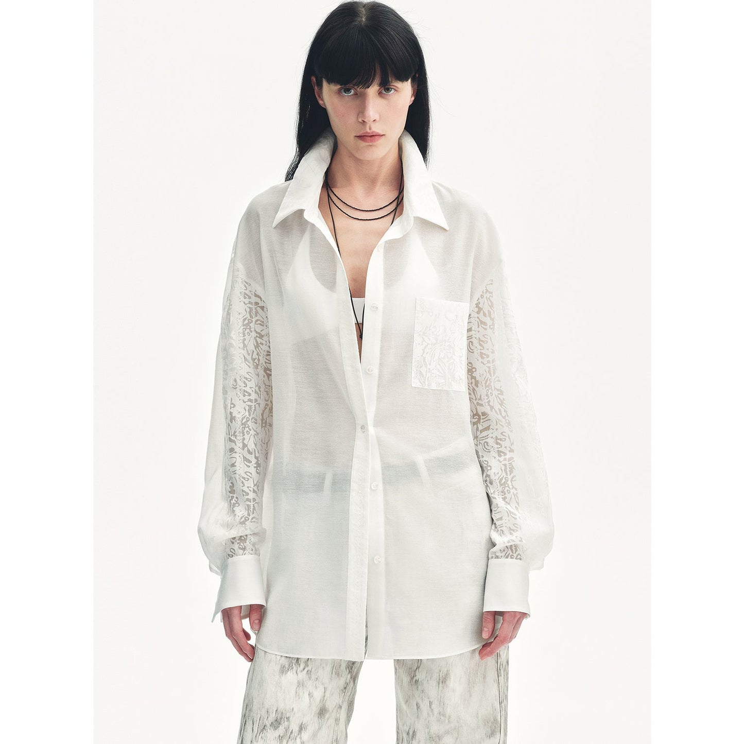 Lightweight straight blouse with double sleeves in jacquard - Fresh elegance
