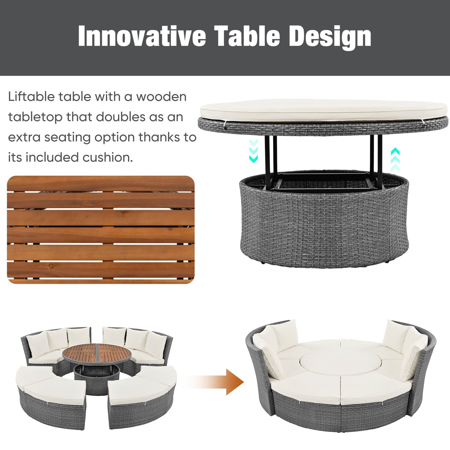 Conjunto de sofá seccional de ratán redondo 5 piezas con mesa elevable y fundas lavables – Patio/Exterior (EE. UU.) Home & Garden - Furniture - Home Furniture - Living Room Furniture | Zulter VIP