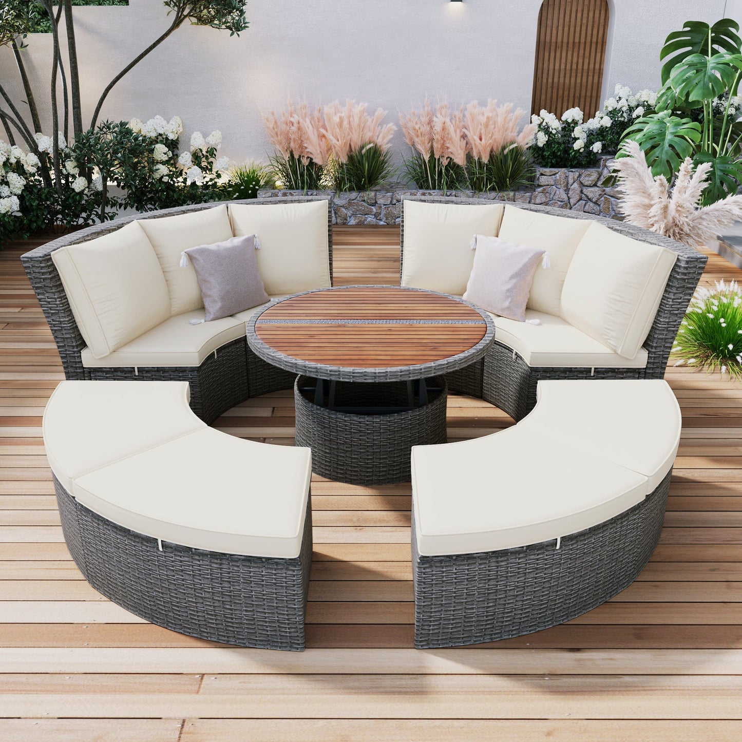 Conjunto de sofá seccional de ratán redondo 5 piezas con mesa elevable y fundas lavables – Patio/Exterior (EE. UU.) Home & Garden - Furniture - Home Furniture - Living Room Furniture | Zulter VIP