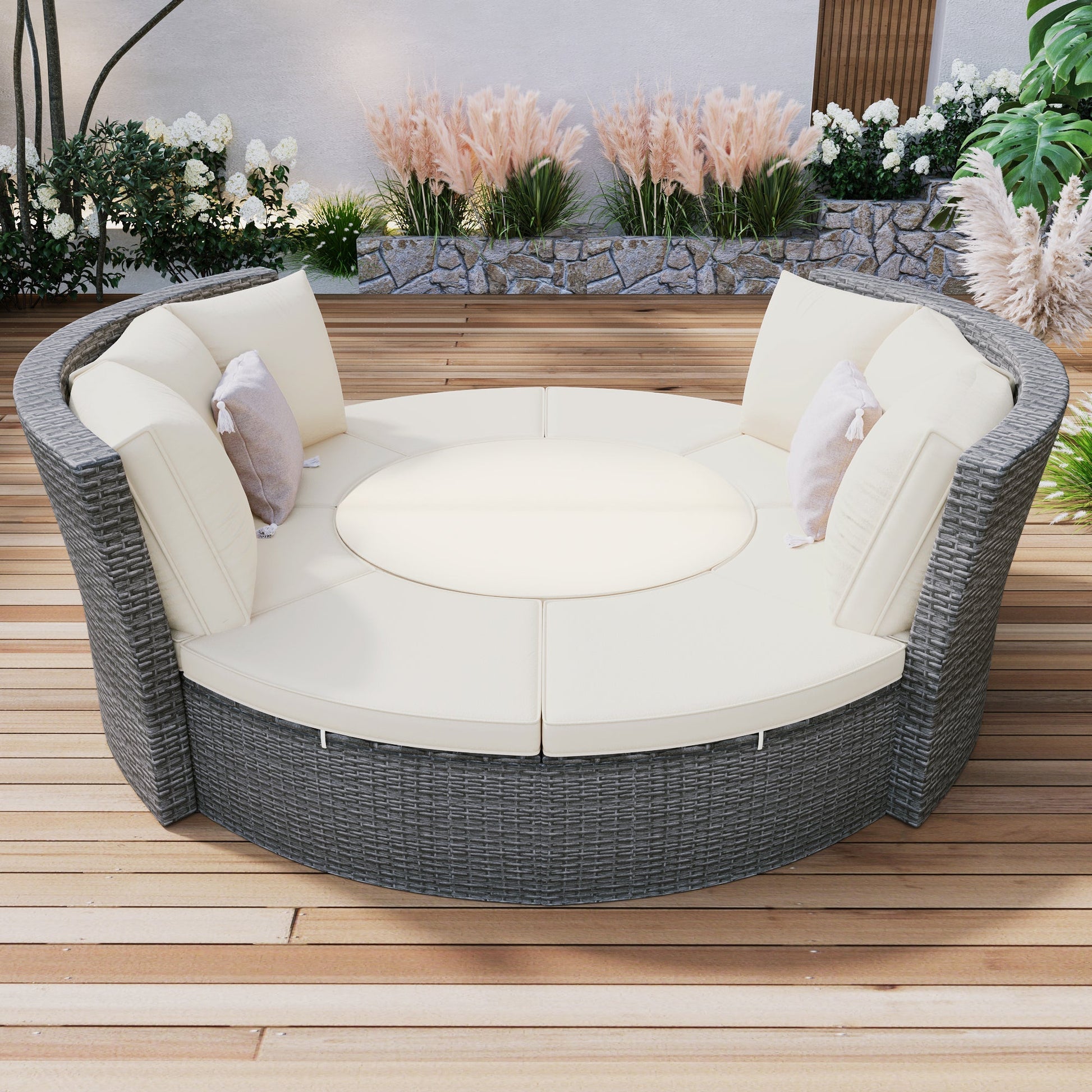 Conjunto de sofá seccional de ratán redondo 5 piezas con mesa elevable y fundas lavables – Patio/Exterior (EE. UU.) Home & Garden - Furniture - Home Furniture - Living Room Furniture | Zulter VIP