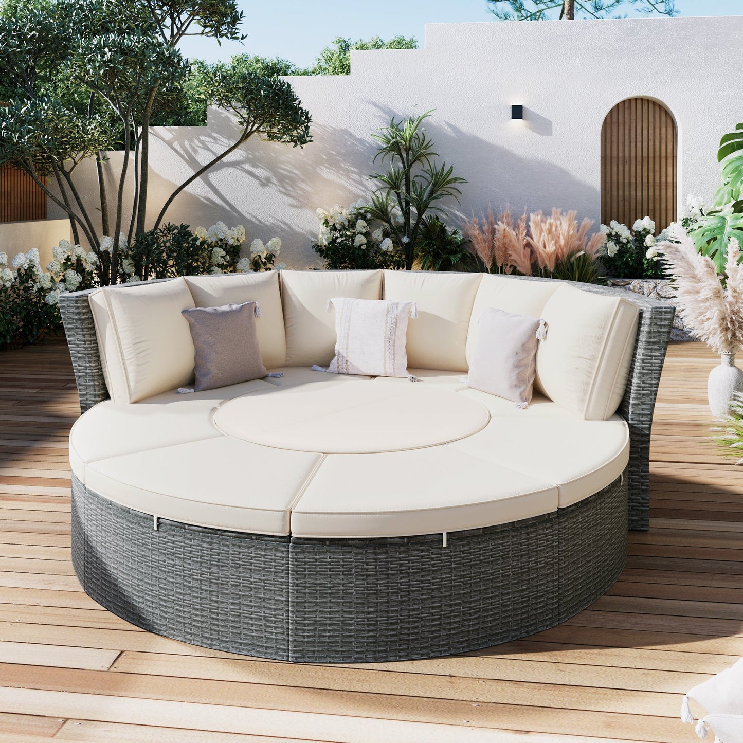 Conjunto de sofá seccional de ratán redondo 5 piezas con mesa elevable y fundas lavables – Patio/Exterior (EE. UU.) Home & Garden - Furniture - Home Furniture - Living Room Furniture | Zulter VIP