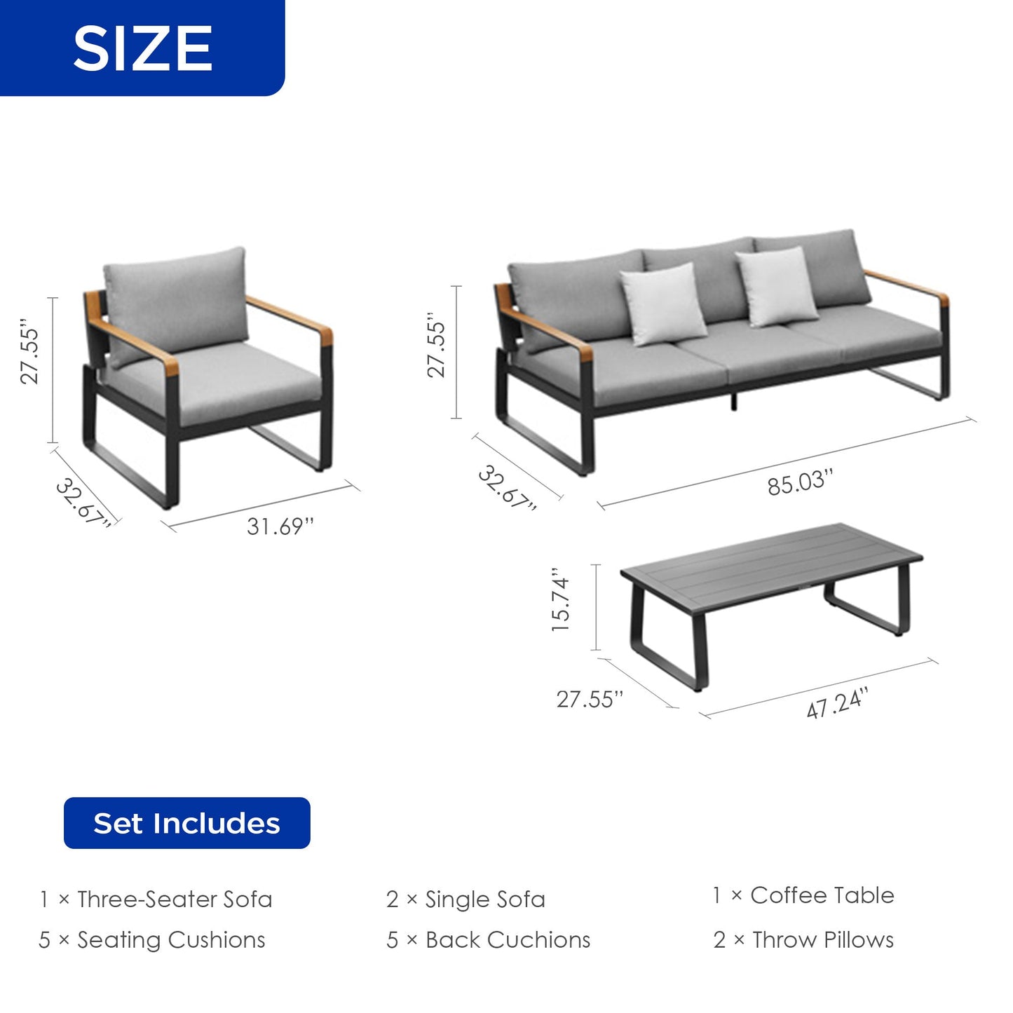 Conjunto exterior Denea de 5 plazas con sofás y mesa de centro en aluminio premium Home & Garden - Furniture - Outdoor Furniture - Garden Sets | Zulter VIP .