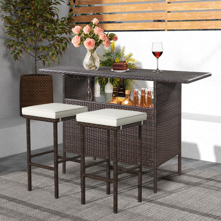 Juego de 2 taburetes altos de mimbre con cojín y reposapiés | Patio elegante & barra exclusiva
