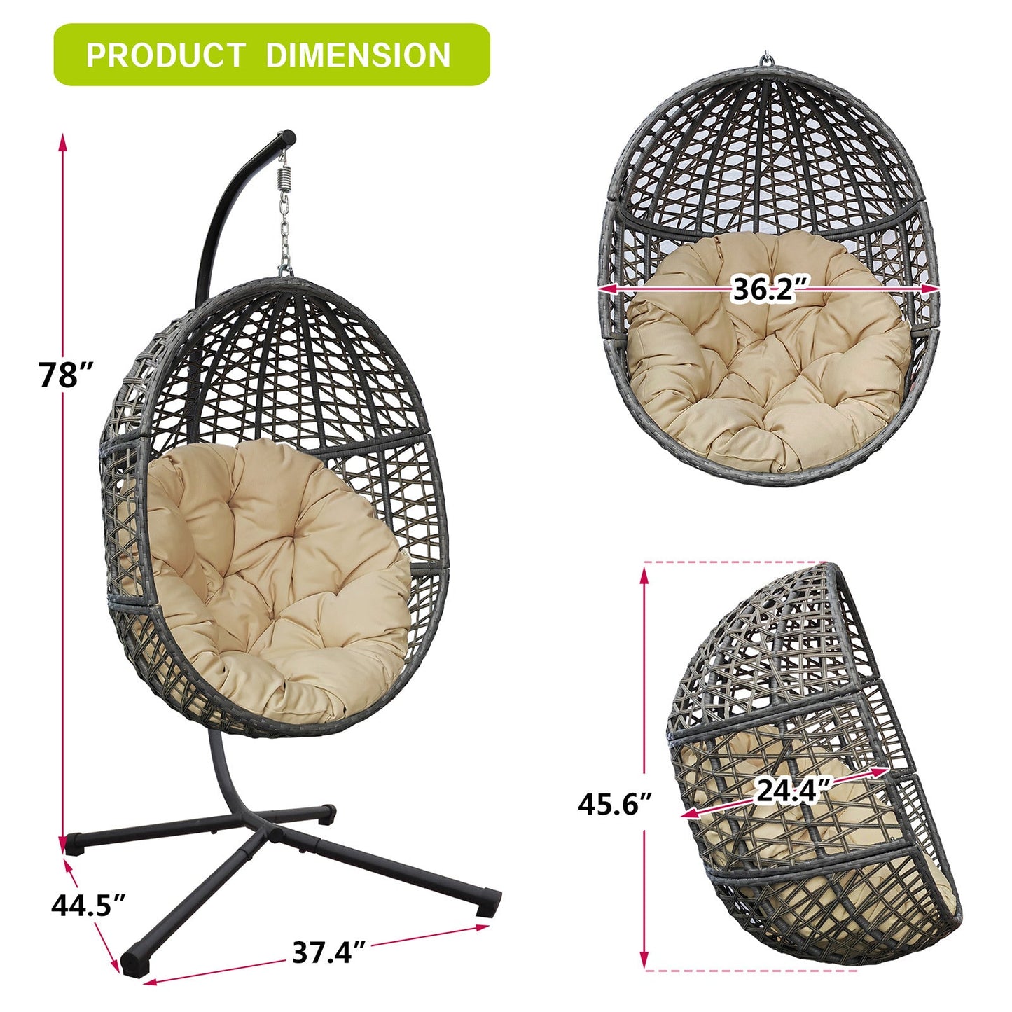 🪑 Silla Colgante de Mimbre Tipo Huevo con Cojines y Soporte Robusto – Diseño Exclusivo para Interior y Exterior