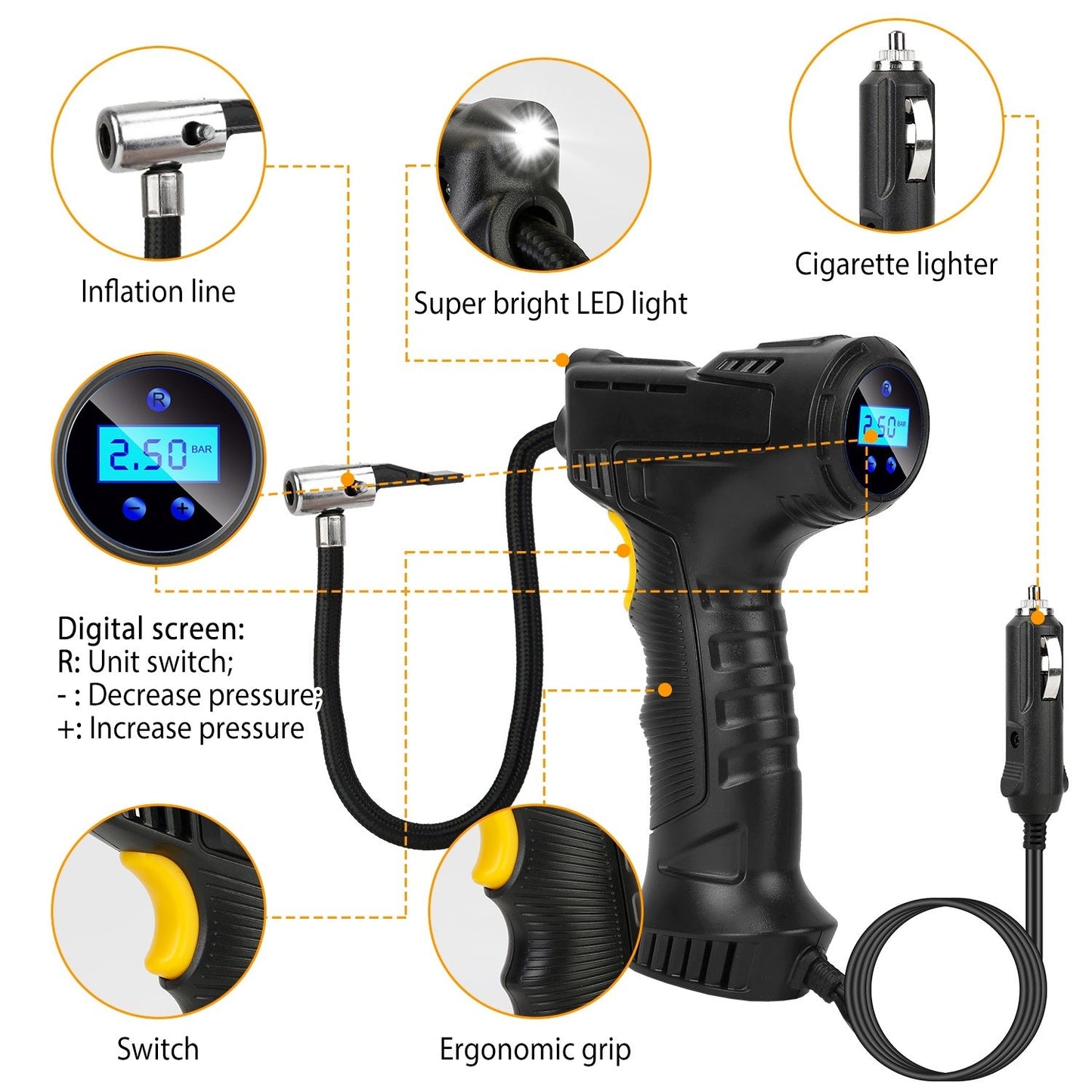 "Tragbarer digitaler Inflator mit LED-Licht - Pumpen Sie Ihr Auto in 5 Minuten auf".