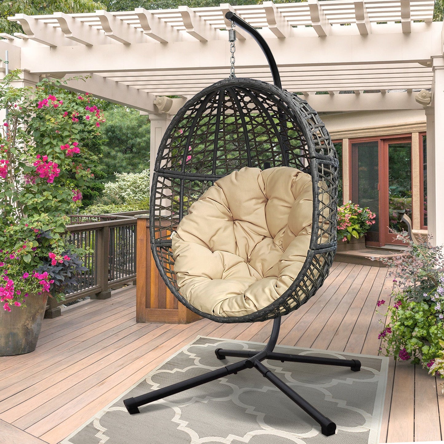 🪑 Silla Colgante de Mimbre Tipo Huevo con Cojines y Soporte Robusto – Diseño Exclusivo para Interior y Exterior