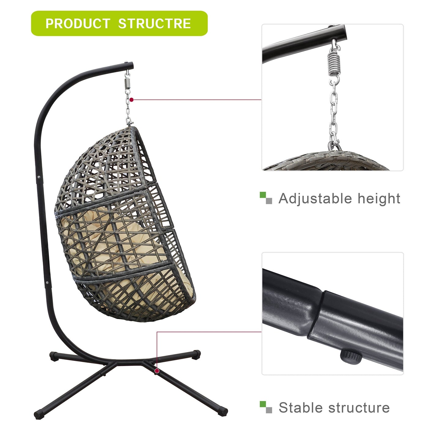 🪑 Silla Colgante de Mimbre Tipo Huevo con Cojines y Soporte Robusto – Diseño Exclusivo para Interior y Exterior