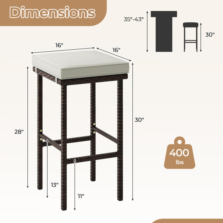 Juego de 2 taburetes altos de mimbre con cojín y reposapiés | Patio elegante & barra exclusiva