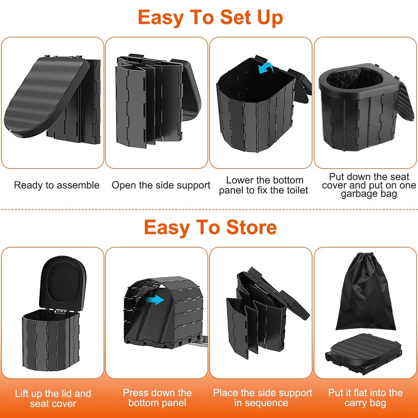 Foldable Emergency Toilet Portable Porta Potty for Traveling/ With Lid Carry Bag 1 Roll Garbage Bags