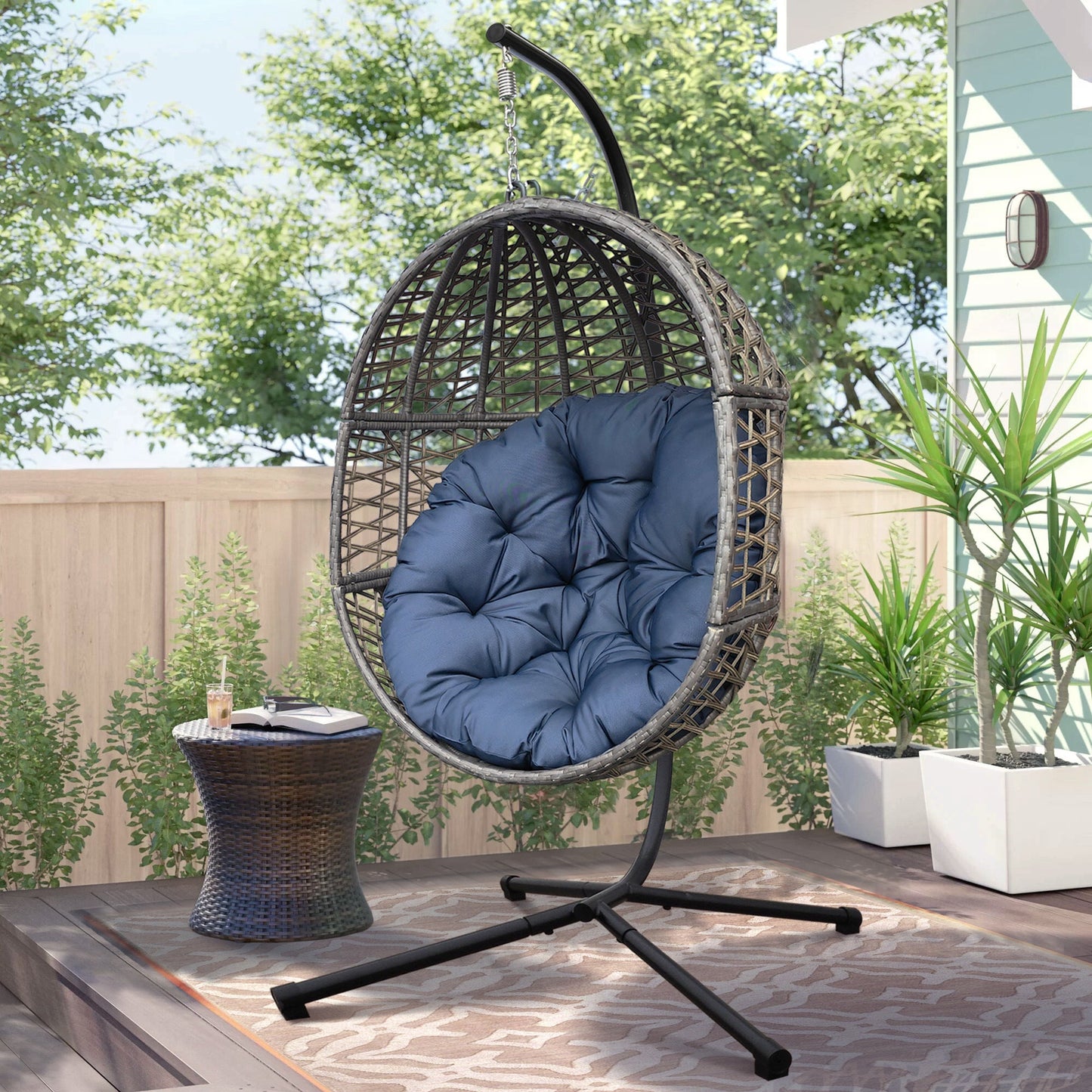 🪑 Silla Colgante de Mimbre Tipo Huevo con Cojines y Soporte Robusto – Diseño Exclusivo para Interior y Exterior
