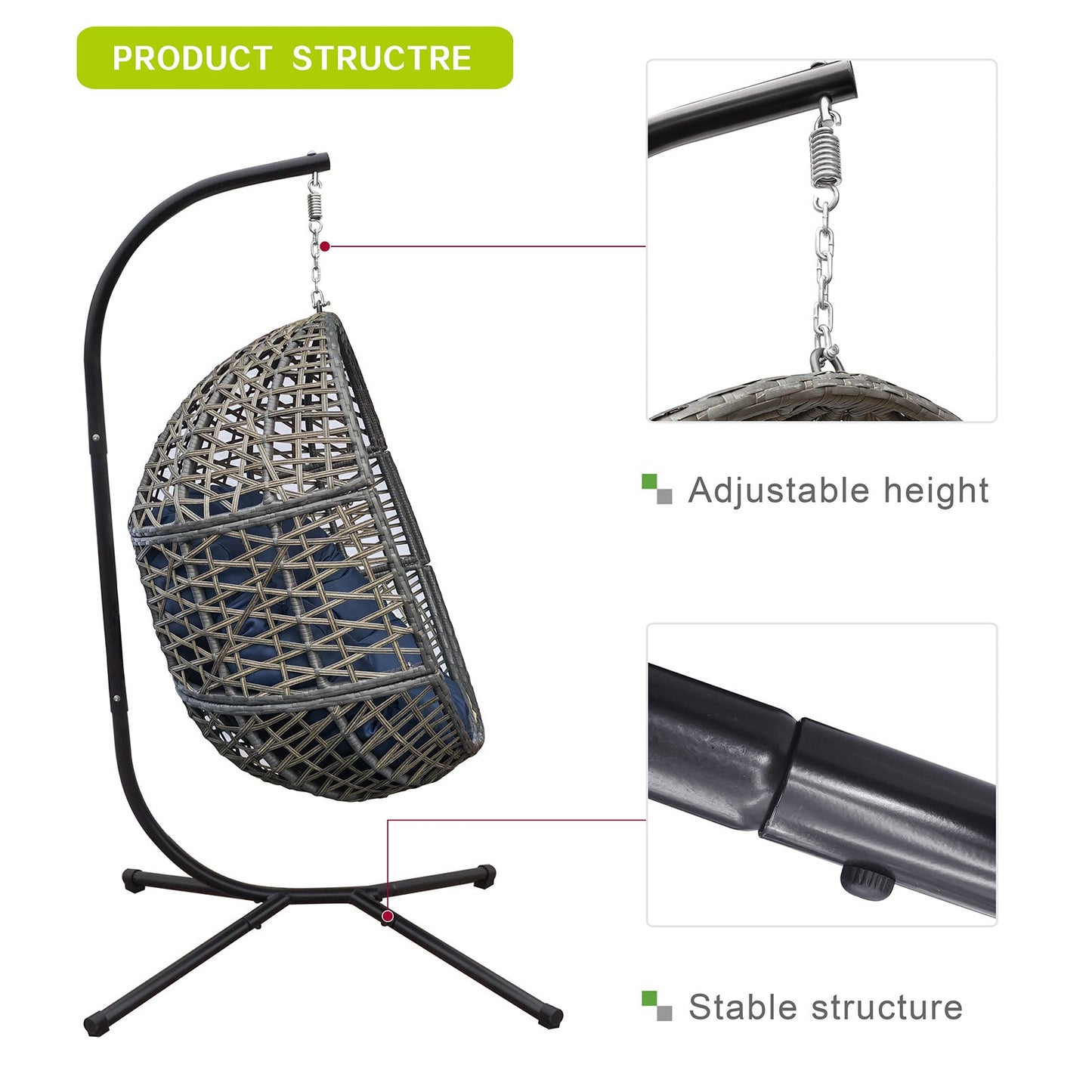 🪑 Silla Colgante de Mimbre Tipo Huevo con Cojines y Soporte Robusto – Diseño Exclusivo para Interior y Exterior
