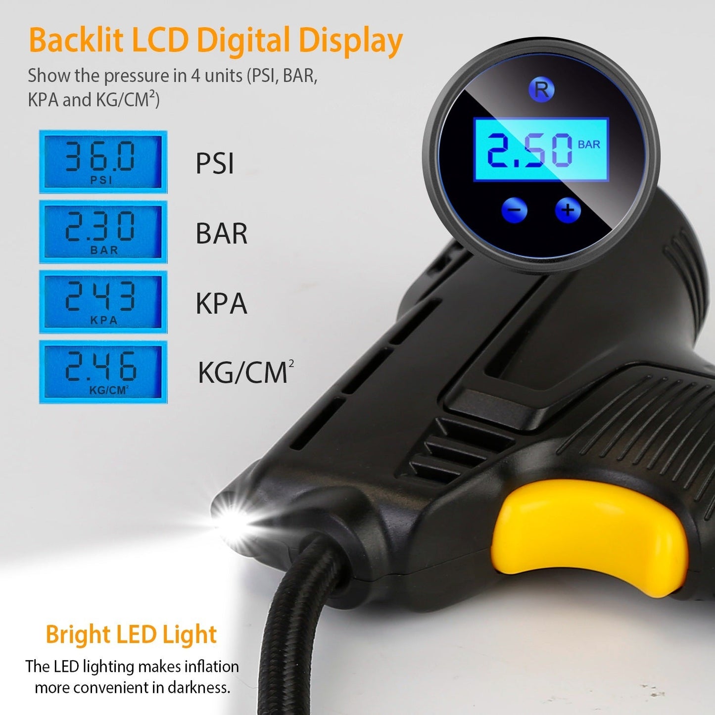 "Tragbarer digitaler Inflator mit LED-Licht - Pumpen Sie Ihr Auto in 5 Minuten auf".