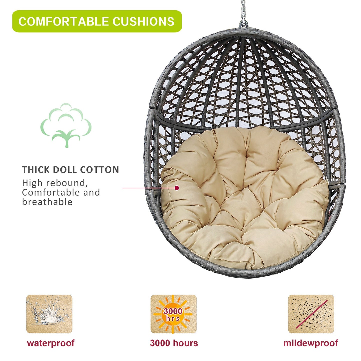 🪑 Silla Colgante de Mimbre Tipo Huevo con Cojines y Soporte Robusto – Diseño Exclusivo para Interior y Exterior