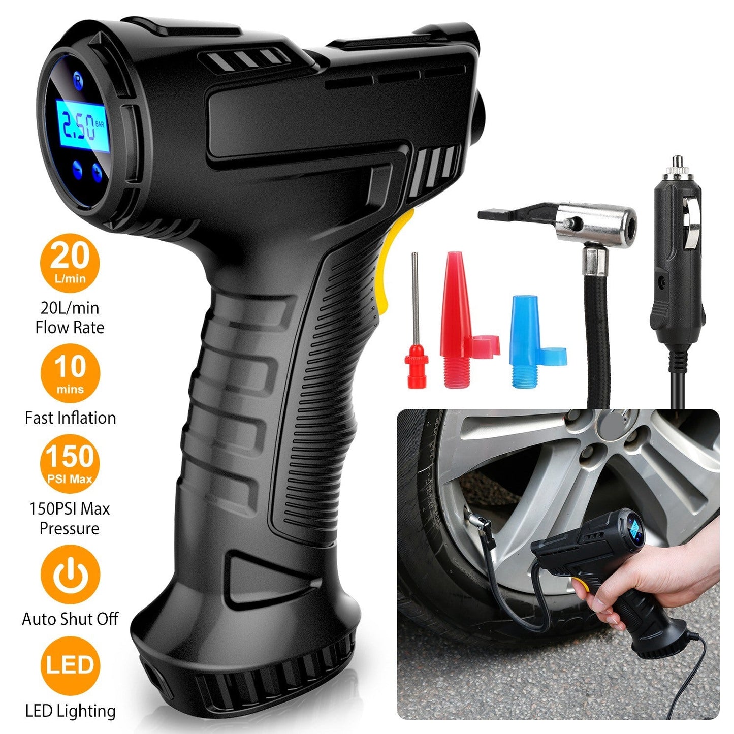 "Tragbarer digitaler Inflator mit LED-Licht - Pumpen Sie Ihr Auto in 5 Minuten auf".
