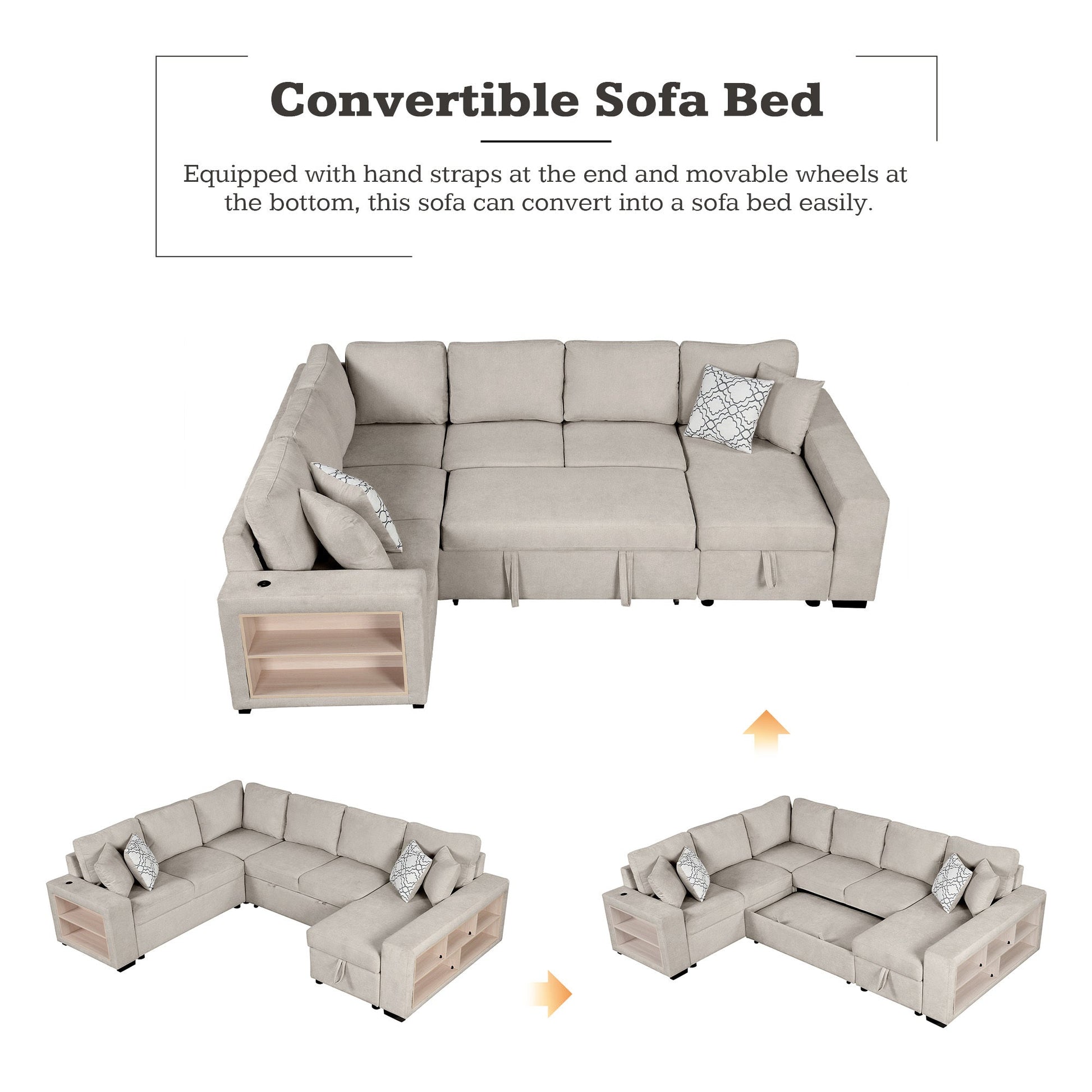 Sofá Cama Seccional en U de 109" con Puertos USB, Almacenamiento y Cojines – Confort y Funcionalidad Premium Home & Garden - Furniture - Home Furniture | Zulter VIP
