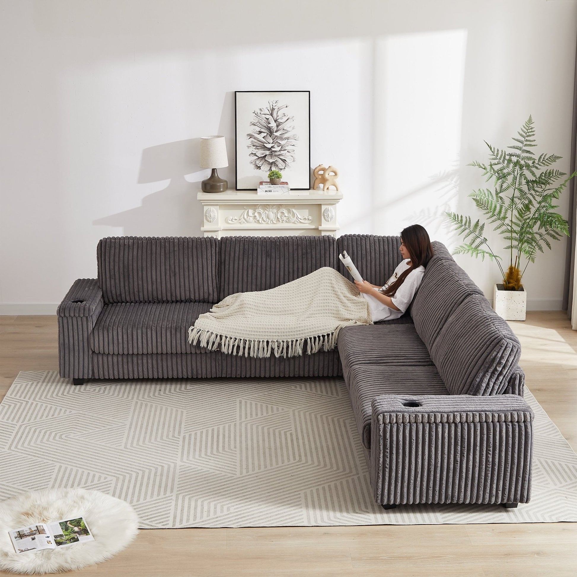 Sofá rinconero XXL de pana gris con chaise longue y almacenaje Home & Garden - Furniture - Home Furniture | Zulter VIP
