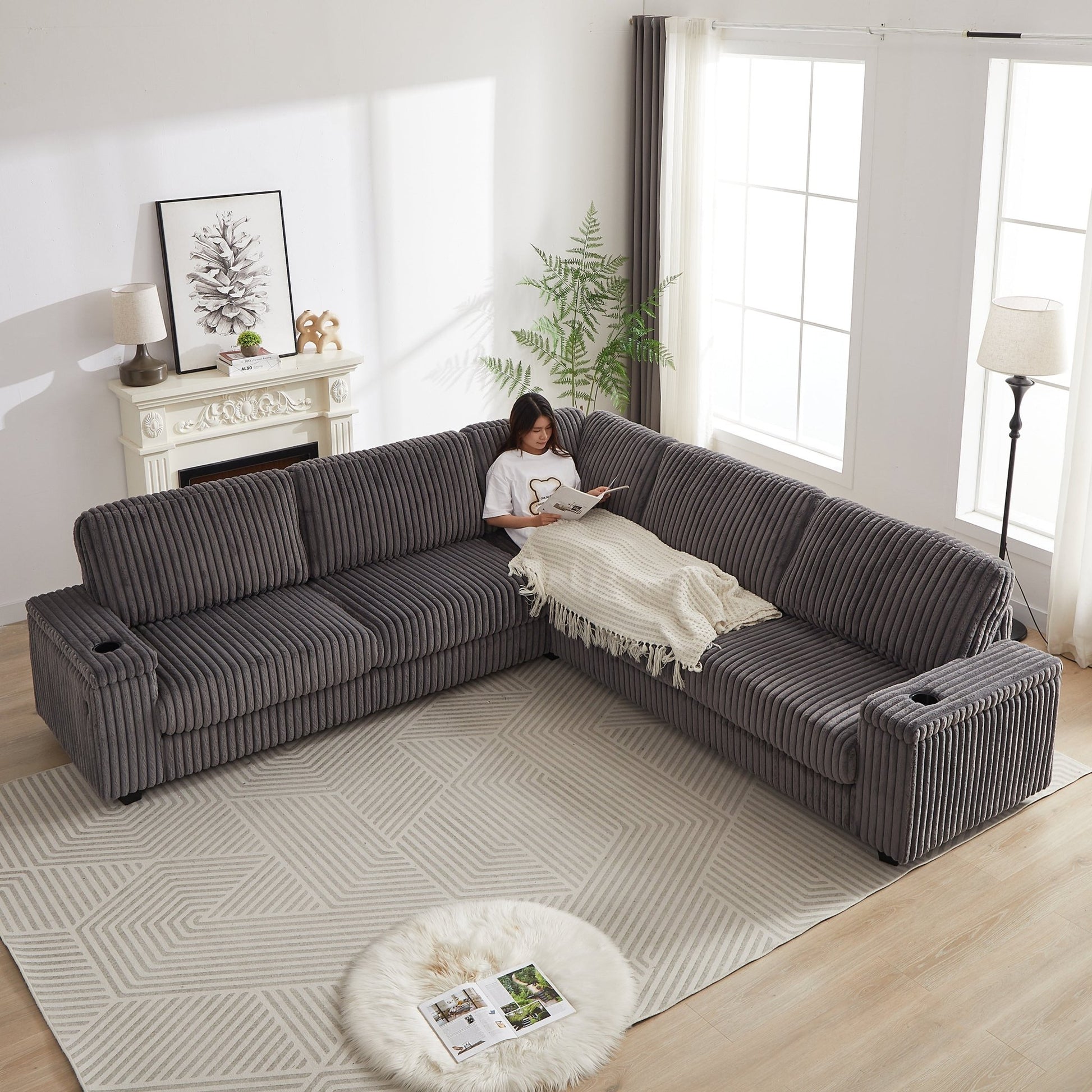Sofá rinconero XXL de pana gris con chaise longue y almacenaje Home & Garden - Furniture - Home Furniture | Zulter VIP