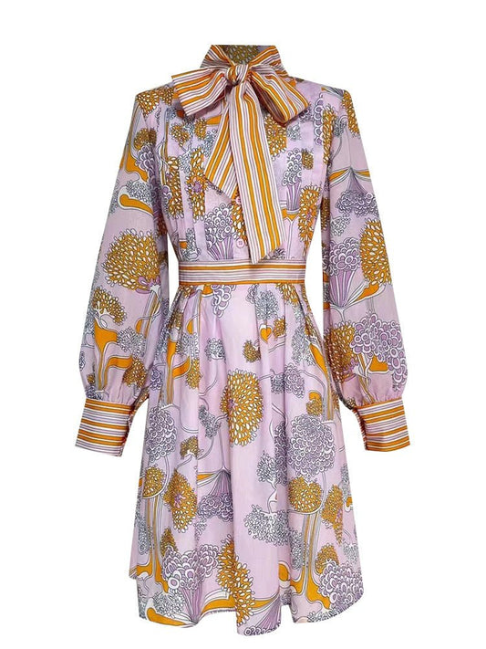 Vestido mini de lujo con estampado vintage y cuello lazo – Edición exclusiva Women's Fashion - Women's Clothing - Dress - Long - Sleeve Dress | Zulter VIP