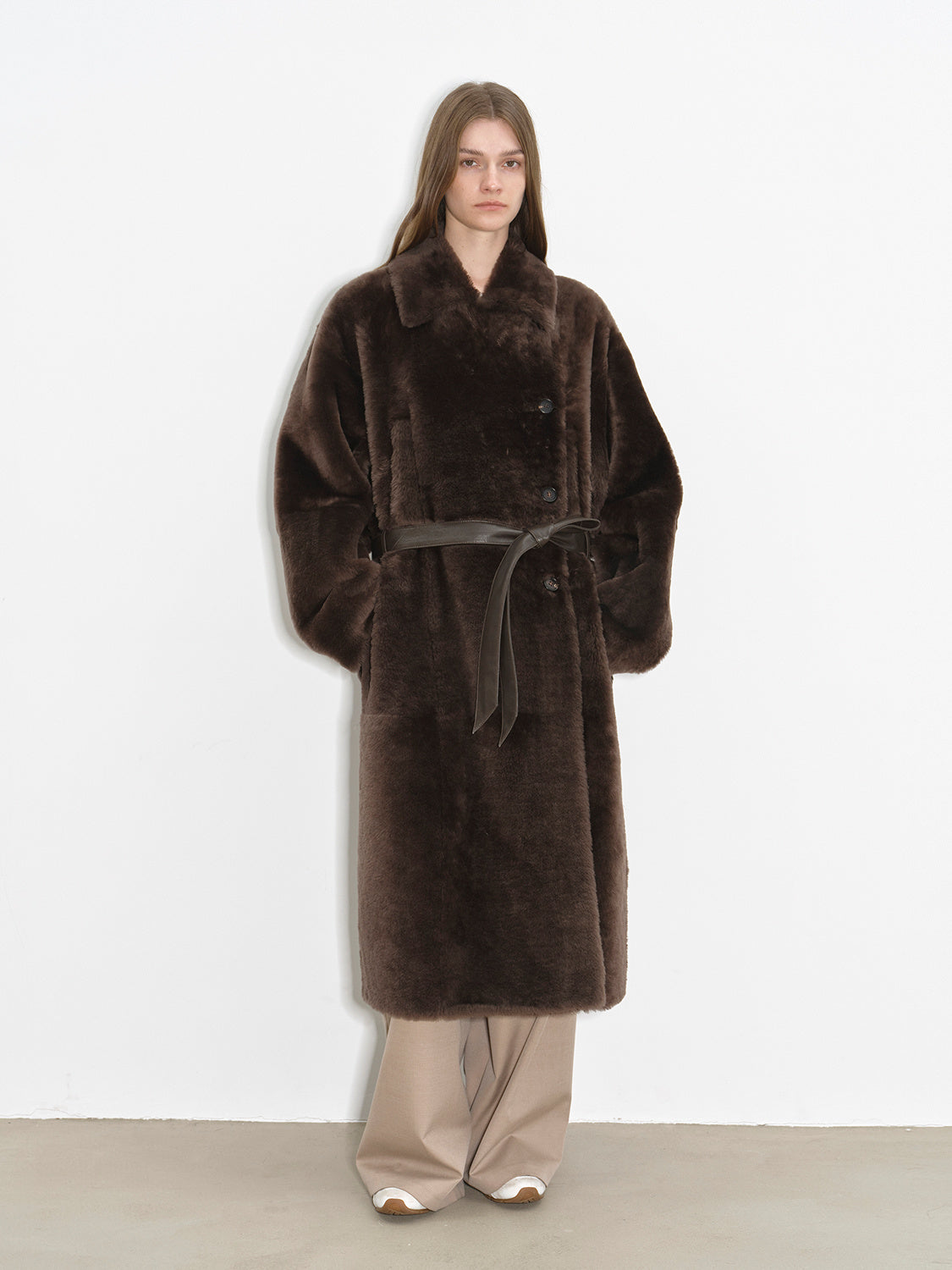 Sheepskin and merino wool long coat - Asymmetric style Mocha Phantom