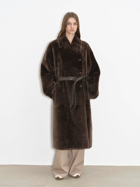 Manteau long en peau de mouton et laine mérinos - Style asymétrique Mocha Phantom