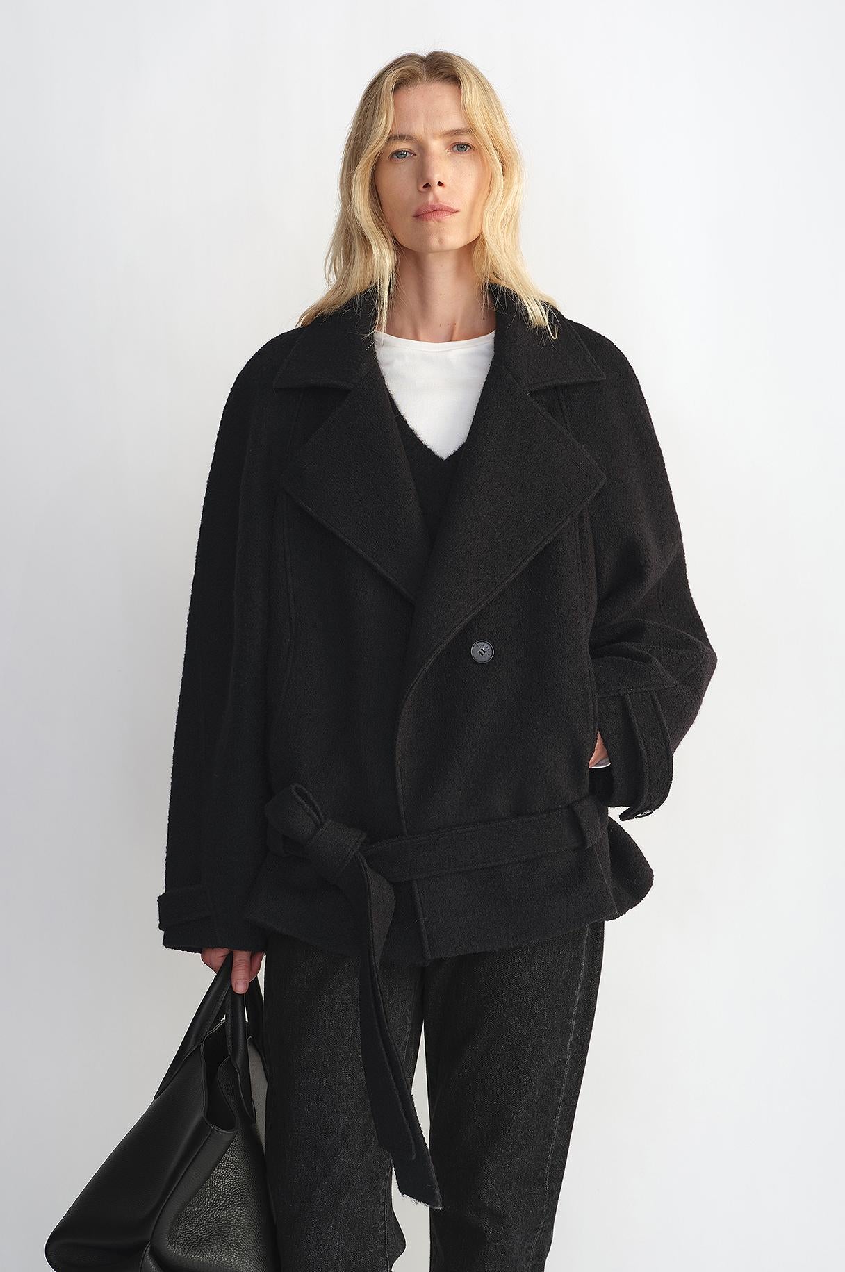 Exclusive Italian "Warm Cocoon" Coat in Virgin Wool and Linen - Cocoon Cut, Herringbone Pattern, Haute Couture