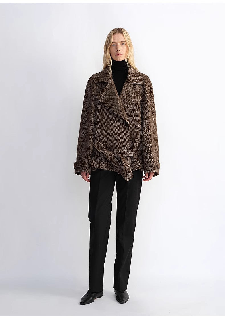 Exclusive Italian "Warm Cocoon" Coat in Virgin Wool and Linen - Cocoon Cut, Herringbone Pattern, Haute Couture