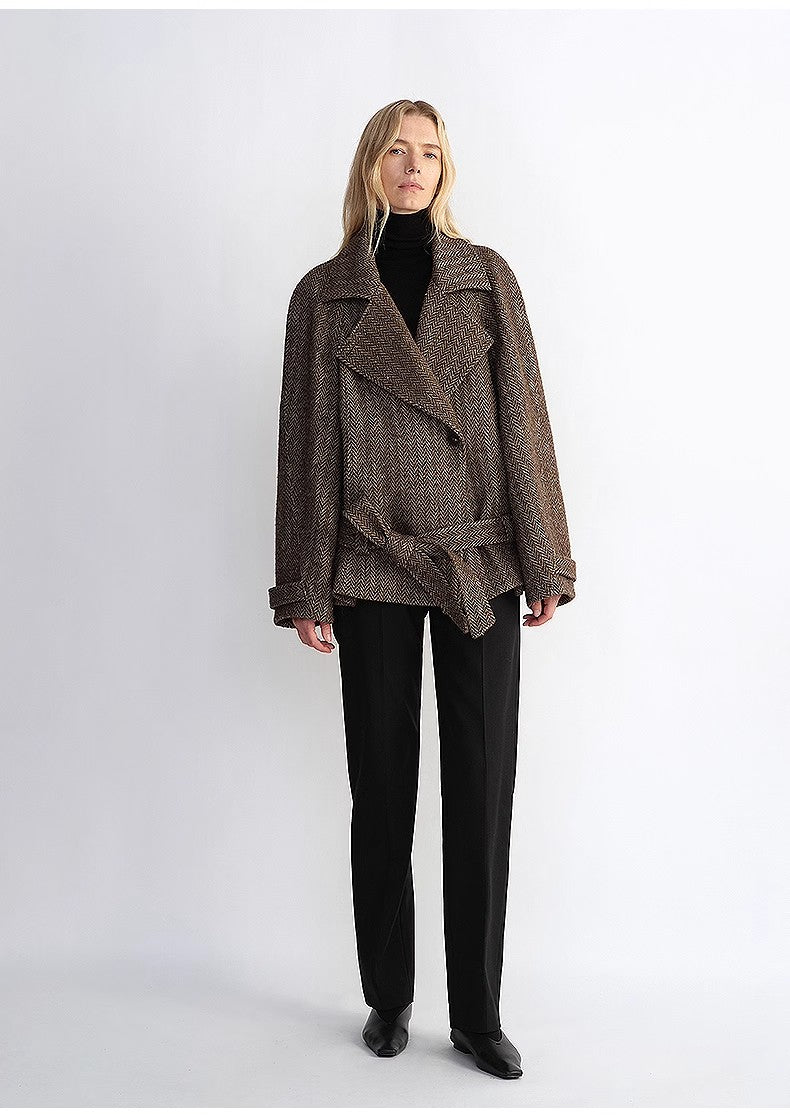 Exclusive Italian "Warm Cocoon" Coat in Virgin Wool and Linen - Cocoon Cut, Herringbone Pattern, Haute Couture