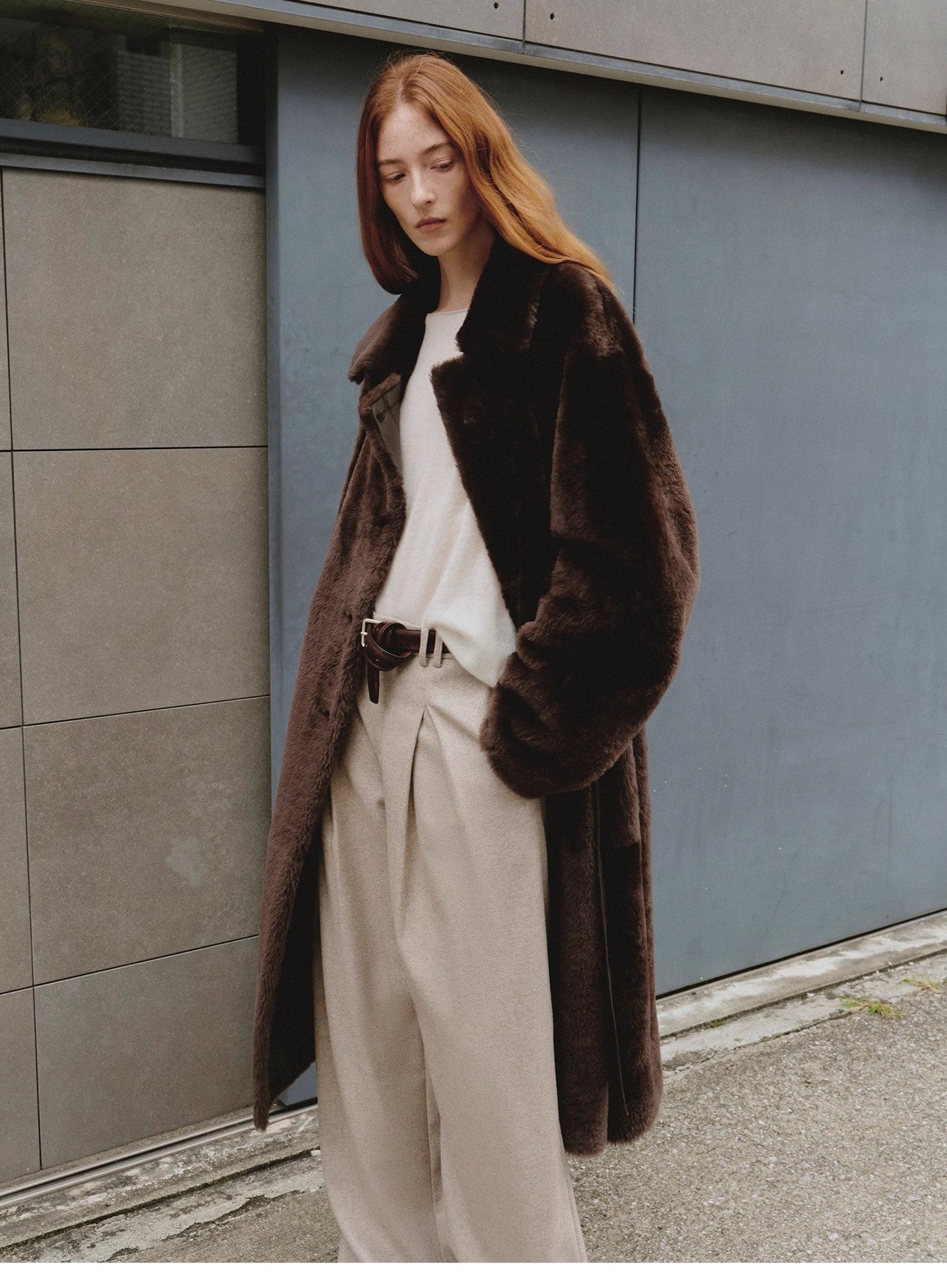 Sheepskin and merino wool long coat - Asymmetric style Mocha Phantom