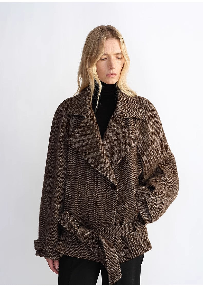 Exclusive Italian "Warm Cocoon" Coat in Virgin Wool and Linen - Cocoon Cut, Herringbone Pattern, Haute Couture
