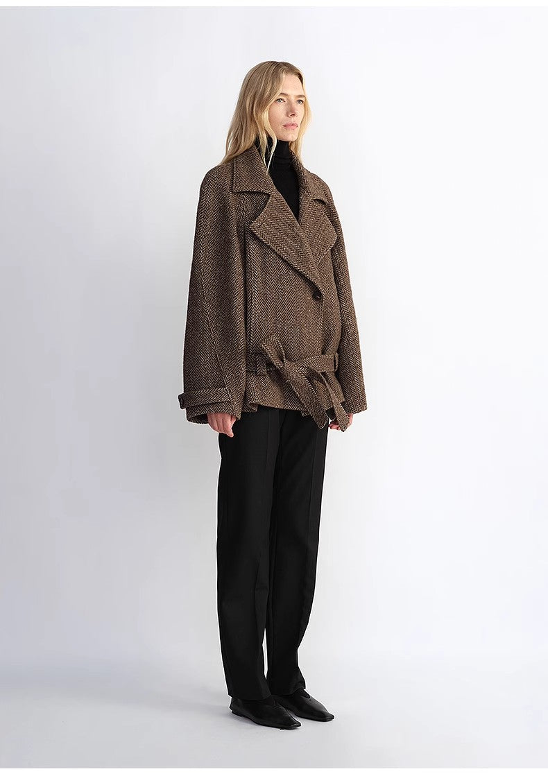 Exclusive Italian "Warm Cocoon" Coat in Virgin Wool and Linen - Cocoon Cut, Herringbone Pattern, Haute Couture