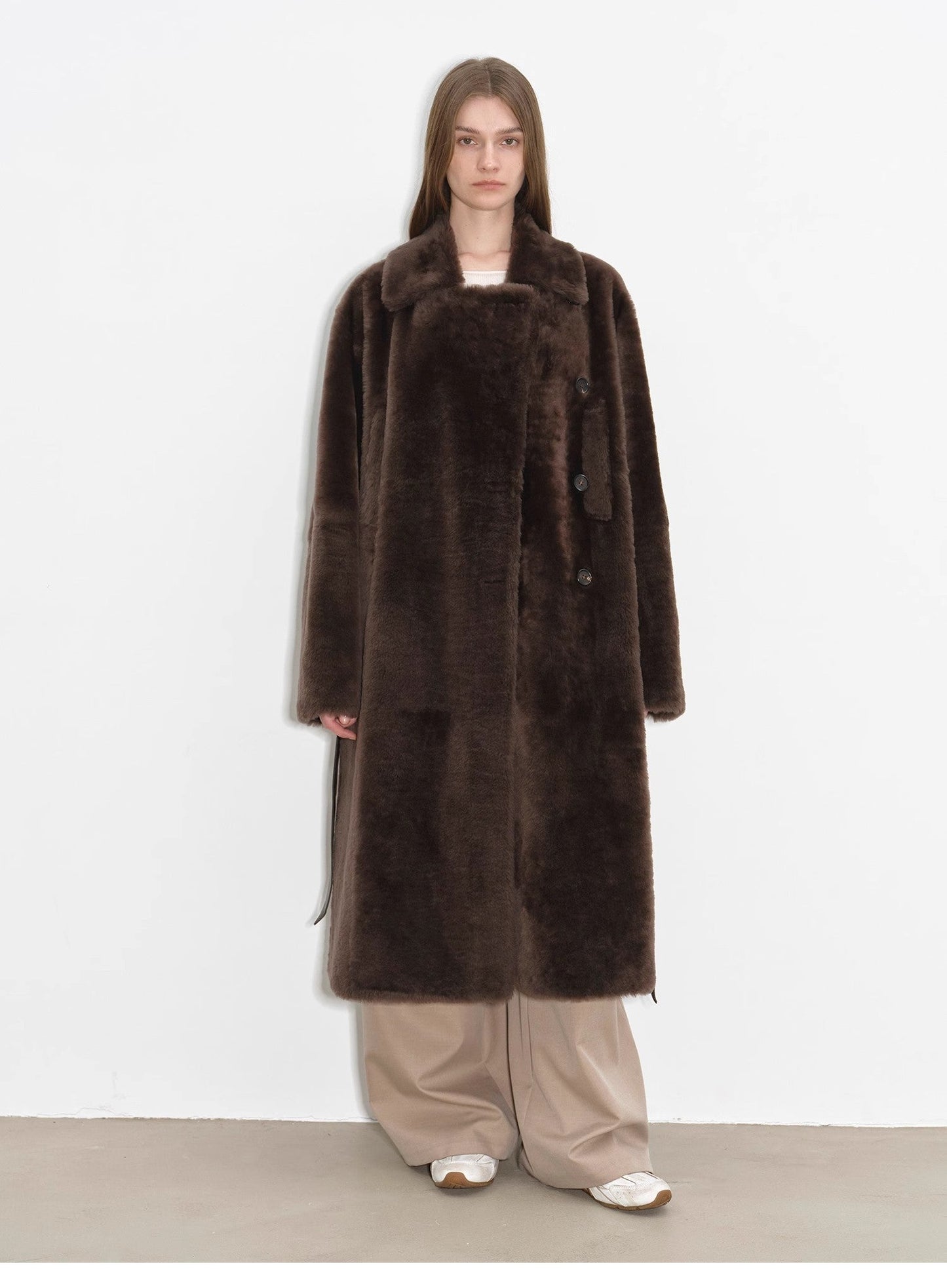 Sheepskin and merino wool long coat - Asymmetric style Mocha Phantom