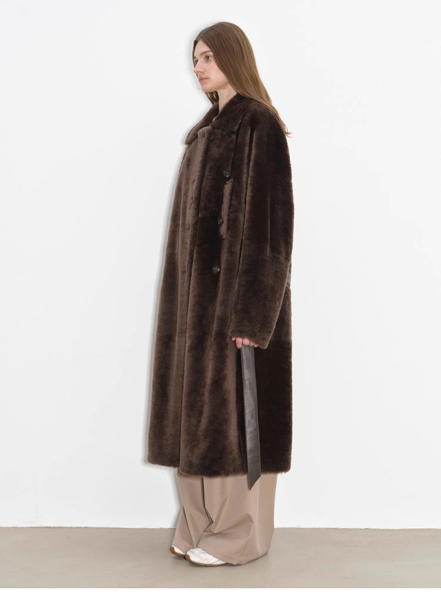 Sheepskin and merino wool long coat - Asymmetric style Mocha Phantom