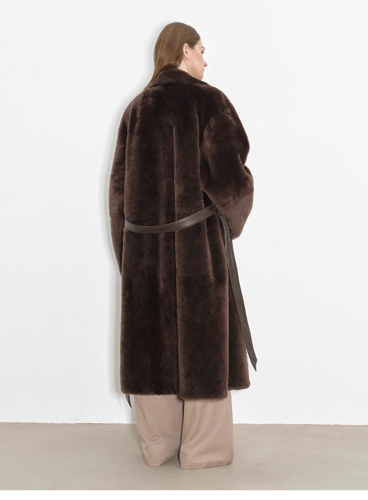 Sheepskin and merino wool long coat - Asymmetric style Mocha Phantom